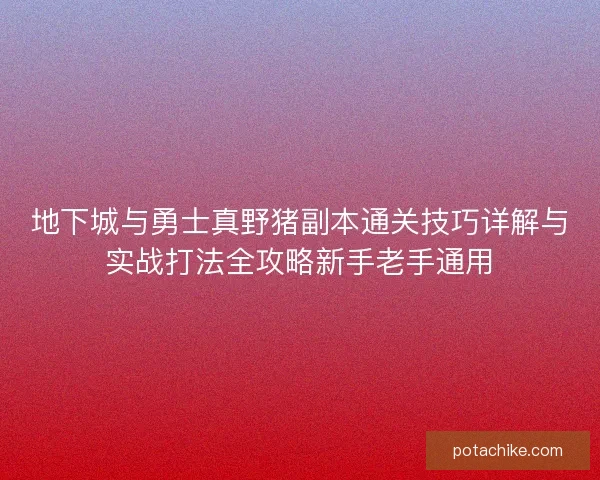 地下城与勇士真野猪副本通关技巧详解与实战打法全攻略新手老手通用